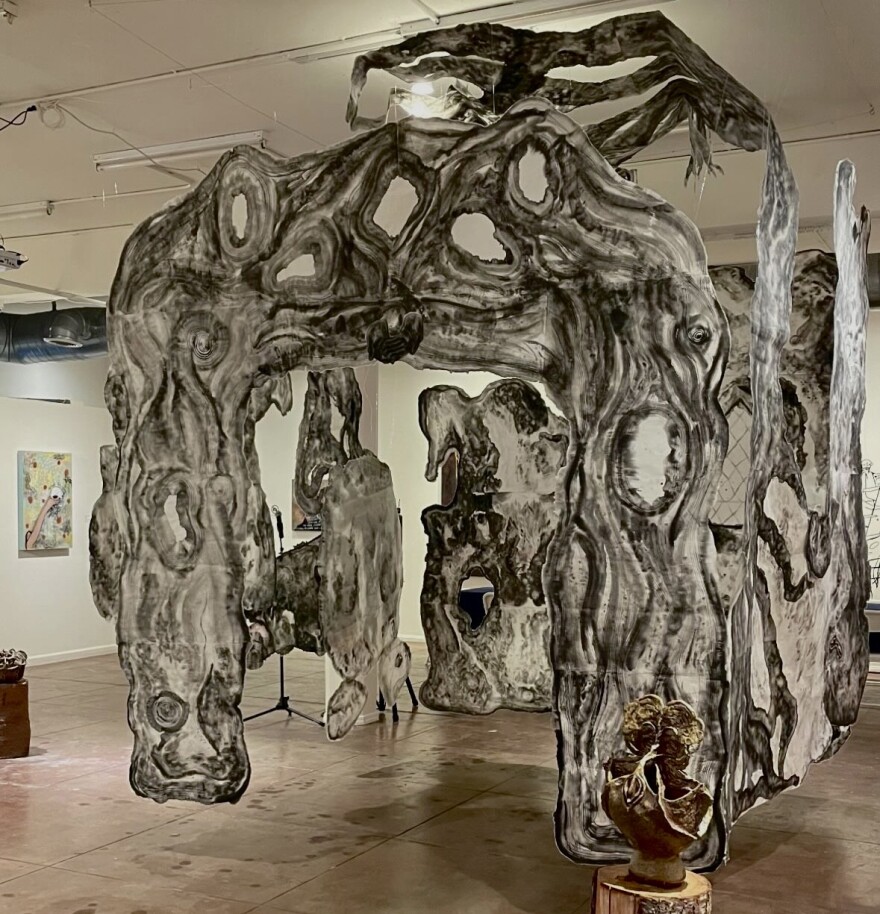 "Dwelling" by Sebastian Loo is shown with ceramic sculptures by Rino Kodama, part of "Prophecy" at The Front Arte & Cultura.