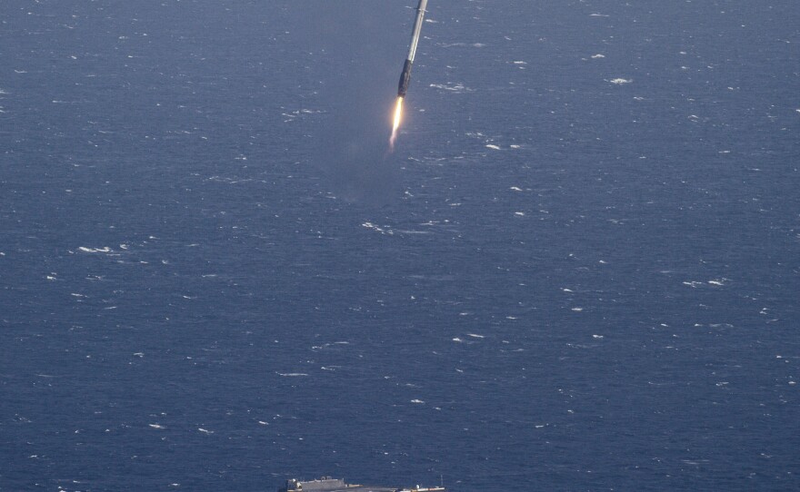 The first stage from last year's launch landed vertically on a barge at sea.