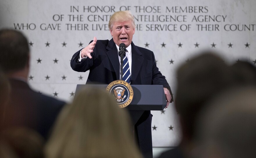 Former president Donald Trump spoke at CIA headquarters in Langley, Va., on his first full day in office, Jan. 21, 2017. But he had difficult relations with the intelligence community throughout his presidency.