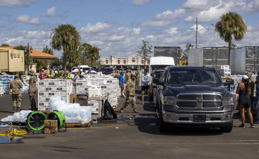 A post-Hurricane Ian supply hub, set up by the National Guard, FEMA and Sarasota County, in North Port, Fla., on Wednesday.