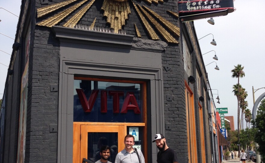 Comedy writers Sandeep Parikh, Curt Neill and Justin Becker outside Caffe Vita, a popular hangout in the Silverlake neighborhood.