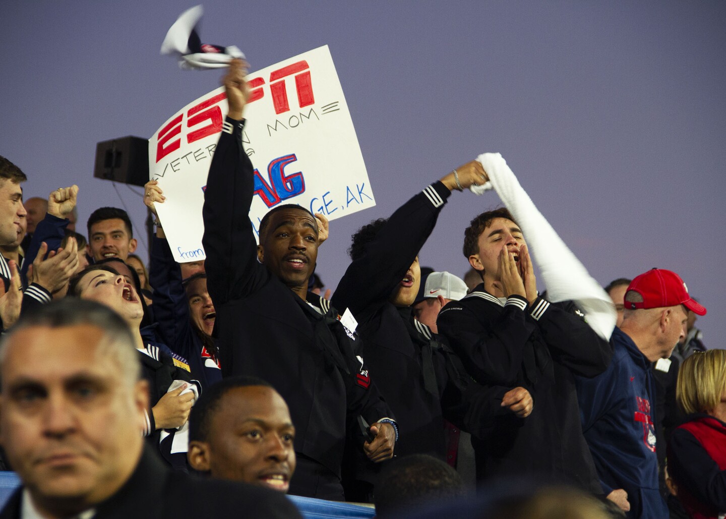 Navy sailors cheer as MSU and Gonzaga face off in the Armed Forces Classic - Carrier Edition aboard the USS Abraham Lincoln in San Diego, on Nov. 11, 2022.