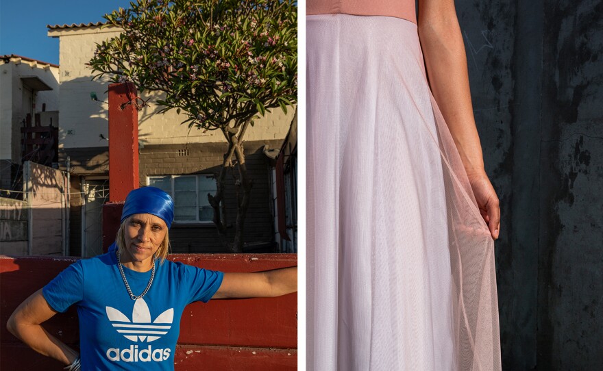 <strong>Left:</strong> Jessica. 2022. <strong>Right:</strong> Tonya in her prom dress outside her home on Red River Street. 2020.