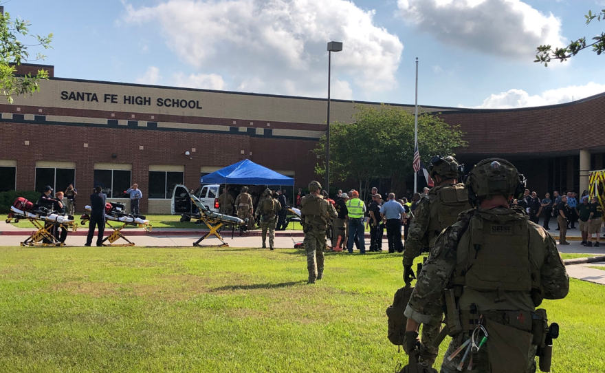 A photo of the scene at Santa Fe High School near Houston, Texas after a shooting is shown in this image, which was tweeted out by the Harris County Sheriff Department, May 18, 2018. 