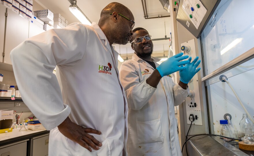 Lab founder Kelly Chibale (left) and a colleague. The researchers survey enormous numbers of molecules to see whether any can incapacitate the pathogen in question. This approach surfaced a promising new kind of malaria drug a little more than a decade ago that ultimately went to clinical trials before being abandoned due to safety concerns.