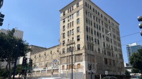 The exterior of the rundown California Theatre building in downtown San Diego is seen from street level, Aug. 22, 2025.