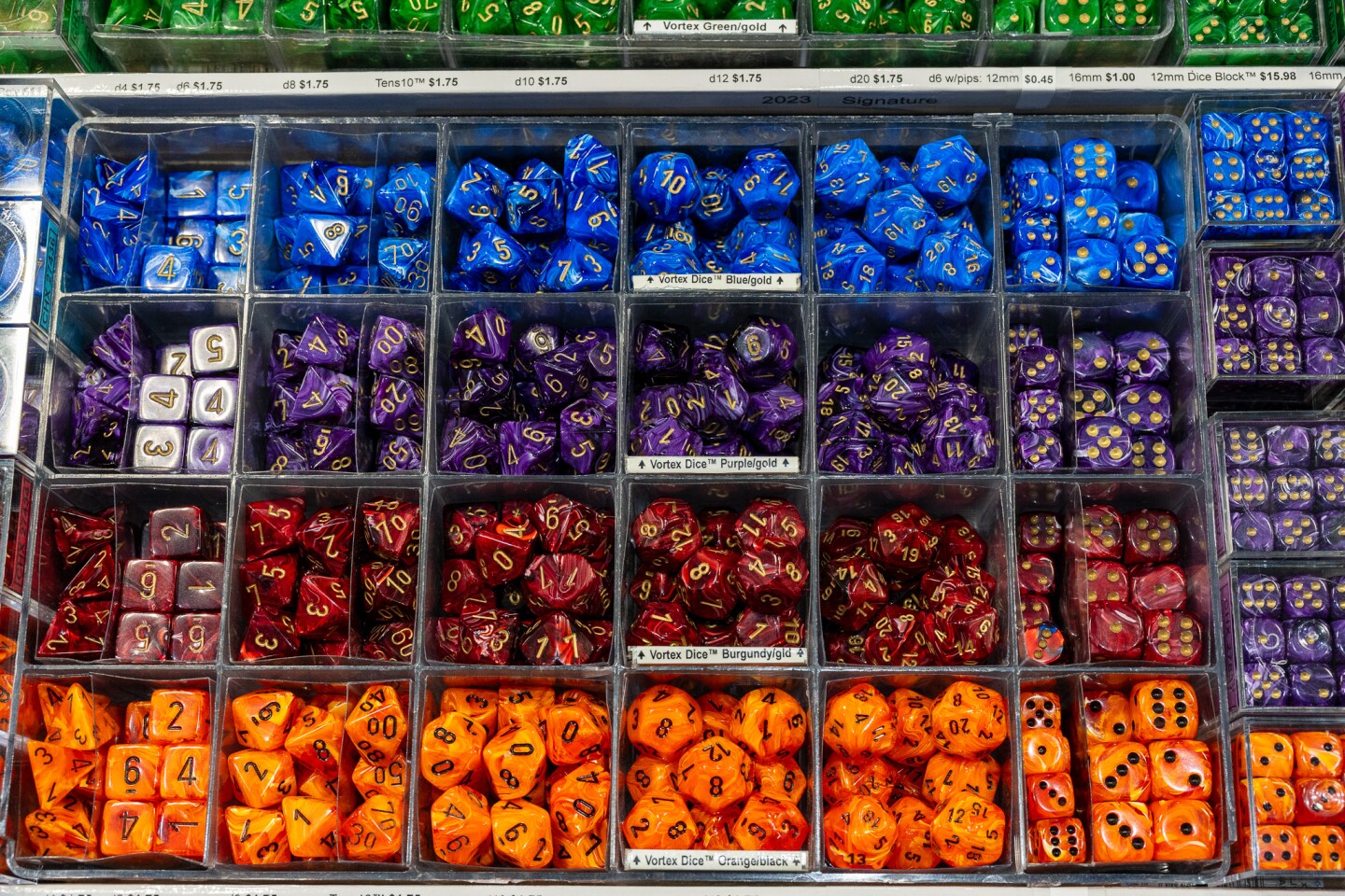 Dice for table-top roleplaying games, like Dungeons & Dragons or Magic the Gathering, displayed at San Diego Comic-Con, July 27, 2024.