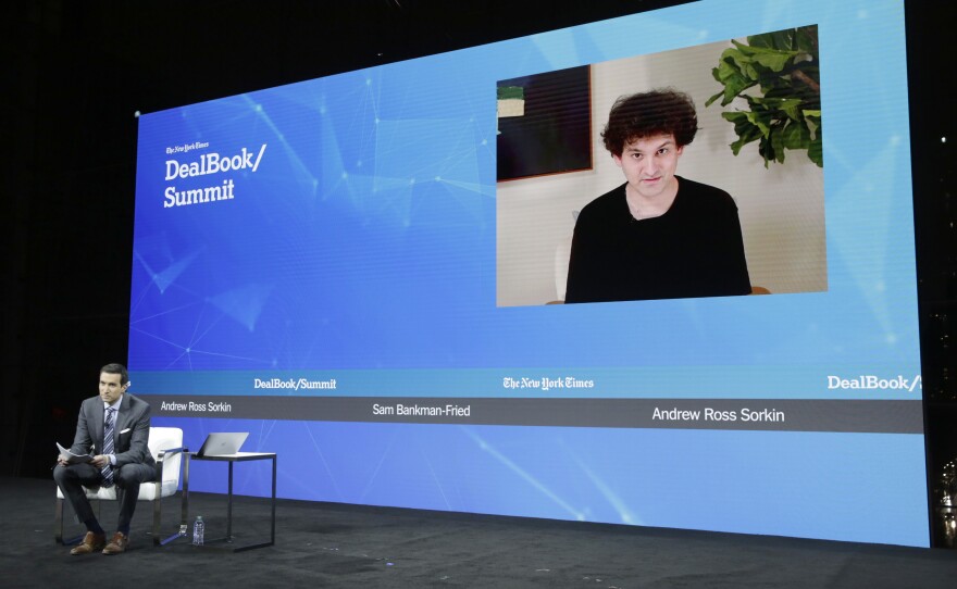 New York Times journalist Andrew Ross Sorkin talks to Bankman-Fried on stage at the 2022 New York Times DealBook event in New York City on Nov. 30, 2022. Bankman-Fried talked frequently with the media and in other venues. Those words are now coming back to bite him.