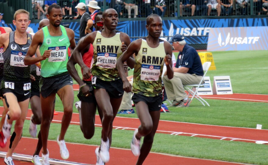 Two members of the U.S. Army lead the pack in the 5,000 meters at the U.S. Olympic Trials in July in Eugene, Ore. Shadrack Kipchirchir (right), did not make the team in the 5,000, but did qualify in the 10,000. Paul Chelimo (second from right), qualified in the 5,000 and won a silver medal in Rio on Saturday night.