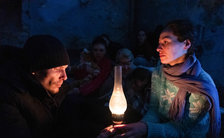 People take shelter in a youth theater in Mariupol, Ukraine, March 6, 2022. Still from FRONTLINE PBS and AP’s feature film “20 Days in Mariupol.”