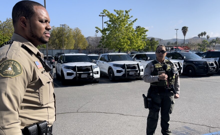 Photo of Deputy Darnell Calhoun (left) and Deputy Diana Mendoza (right) taken at the Riverside County Sheriff’s Department Lake Elsinore Station on March 10, 2022