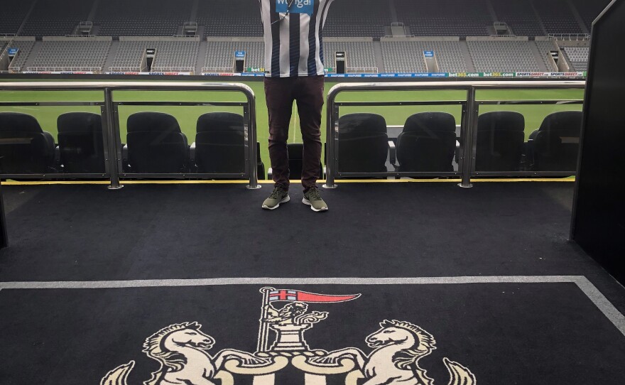 Ty Malugani posing at St. James Park, the stadium of Premier League team Newcastle United in Newcastle upon Tyne, England.