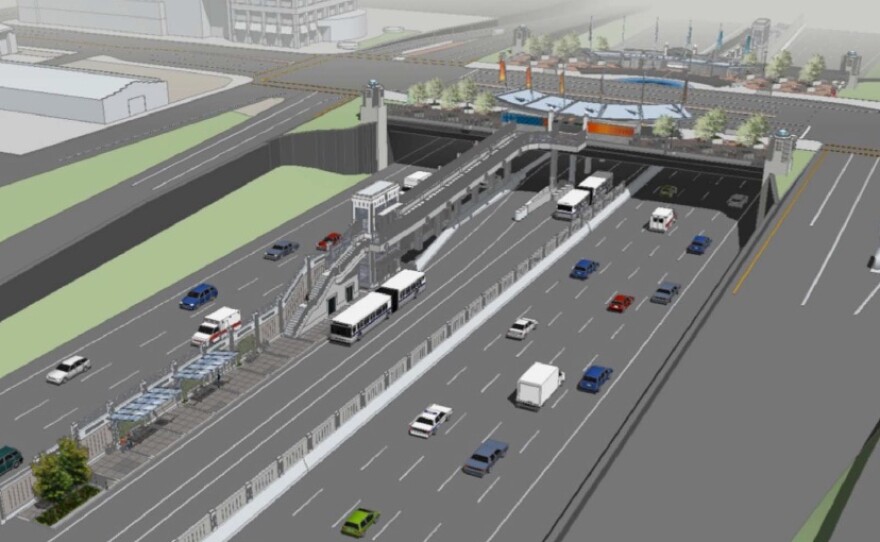 Pictured is a rendering of the Centerline project where buses and passengers would be separated from freeway traffic at bus stops.