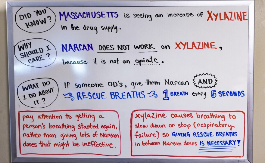 A whiteboard in Tapestry Health's office lists information about xylazine, which is present in the drug supply in the area.