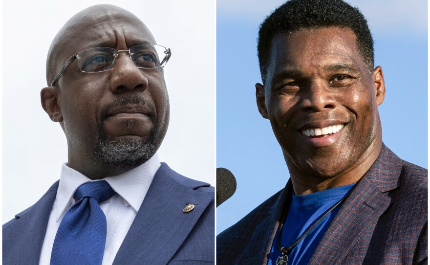 This photo composite shows Democratic Georgia Sen. Raphael Warnock, left, and his Republican challenger, Herschel Walker. The two are competing in a U.S. Senate runoff, which concludes Tuesday.