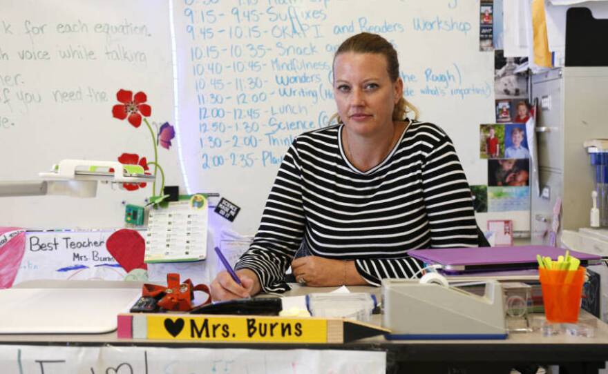 Heather Burns at Martin Elementary School in South San Francisco, where she now teaches third grade. Burns was diagnosed with breast cancer in 2016 and had to pay for her own substitute while on sick leave.