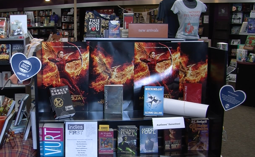 A book display at Mysterious Galaxy in San Diego advertises the independent bookstore's "Indies First" event in a photo taken on Nov. 25, 2015.