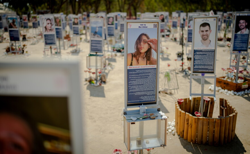 A memorial marker displaying the photo and biography of Bar Zohar stands among hundreds of tributes at the Nova music festival site on Sept. 24, 2026. Hundreds were killed at the site during the Hamas-led attack on Oct. 7, 2023.