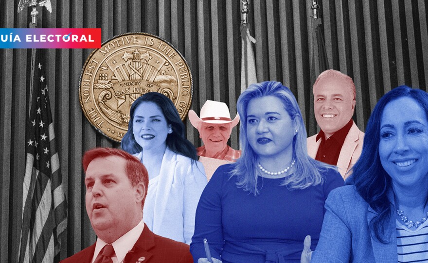 The candidates for San Diego County District 1 supervisor are pictured in this graphic illustration. From left: John McCann, Carolina Chavez, Lincoln Pickard, Vivian Moreno, Louis Fuentes and Paloma Aguirre. A seventh candidate, Elizabeth Efird, is not pictured.