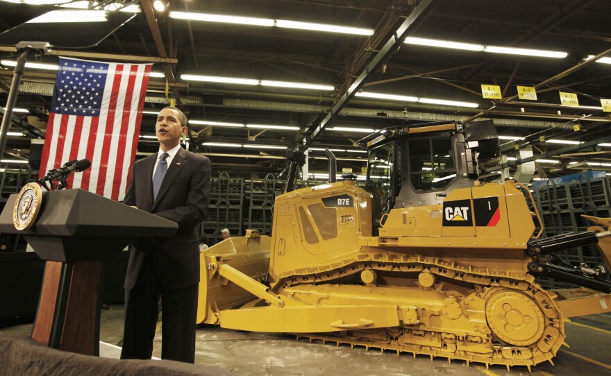 President Obama speaks to Caterpillar employees in East Peoria, Ill., in February 2009 about the then-struggling economy.