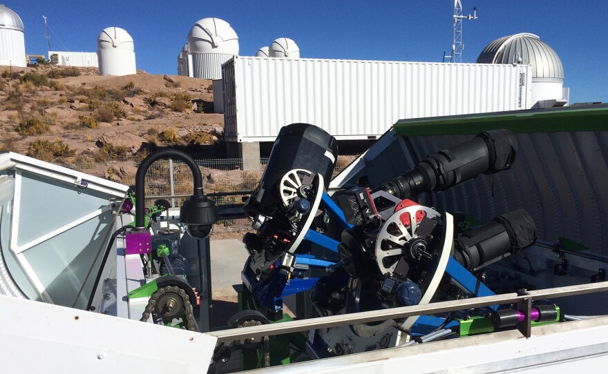 Two of the telescopes in use for the All-Sky Automated Survey for Supernovae in Cerro Tololo, Chile, that discovered the supernova. Since this photo was taken, two more telescopes have been added at the station.