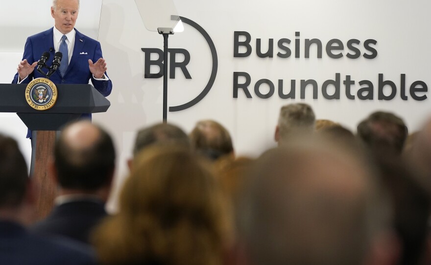 President Joe Biden speaks at Business Roundtable's CEO Quarterly Meeting on Monday, March 21, 2022, in Washington.