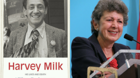 A book jacket cover of "Harvey Milk: His Lives and Death" next to an undated photo of author Lillian Faderman.