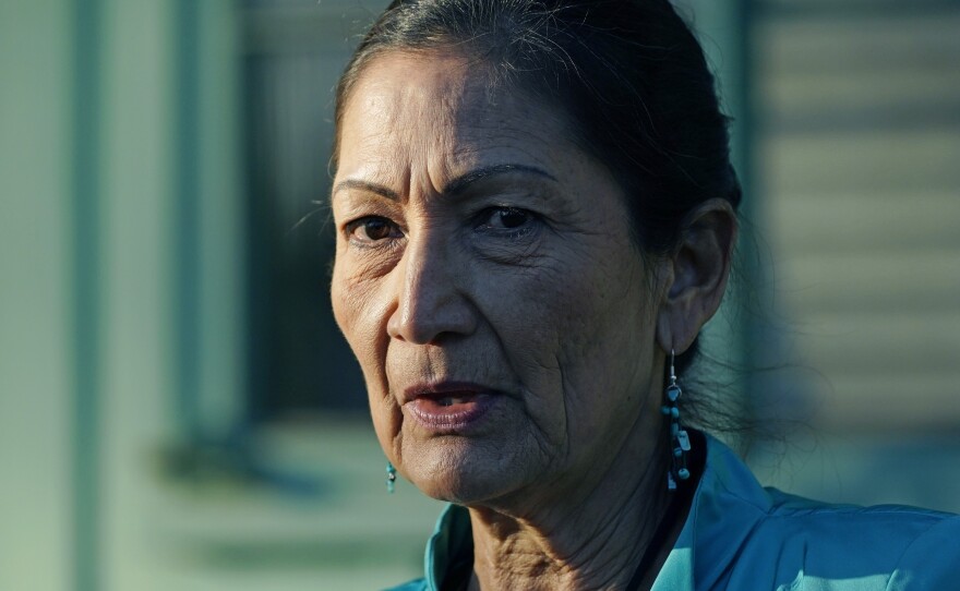 Interior Secretary Deb Haaland speaks with reporters on Feb. 15 about visiting several communities and sites in Mississippi to honor individuals and events that advanced the civil rights movement.