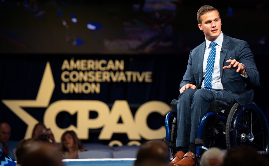 Rep. Madison Cawthorn, R-N.C., is seen here speaking during the 2021 Conservative Political Action Conference in Dallas.