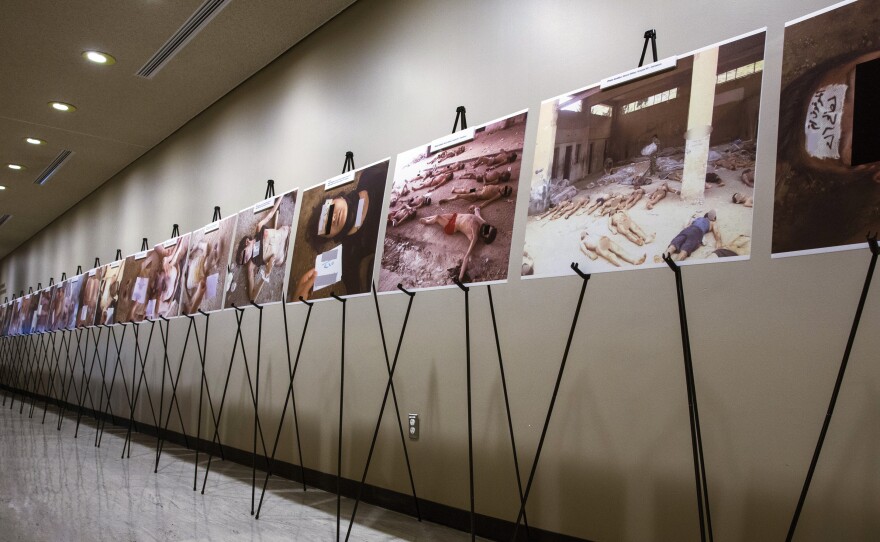 Images of dead bodies in Syrian prisons, taken by a Syrian government photographer, are displayed at the United Nations on March 10. The photographer, who goes by the pseudonym Ceasar, took the pictures between 2011, when the Syrian uprising began, and 2013, when he fled the country. His photos will be on display at the U.S. Capitol on Wednesday.