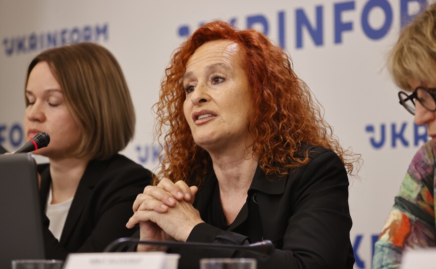 Senior Crisis Advisor of Amnesty International Donatella Rovera (center) released a report August 4, 2022 condemning the Ukrainian army for putting civilians at risk, a possible war crime.