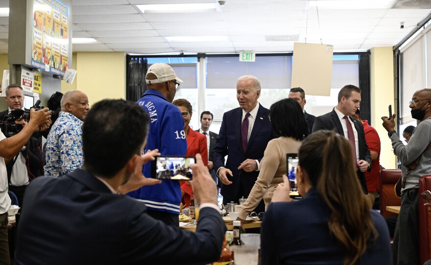President Biden greets people at CJ's Cafe in Los Angeles, Calif., on Feb. 21, 2024.
