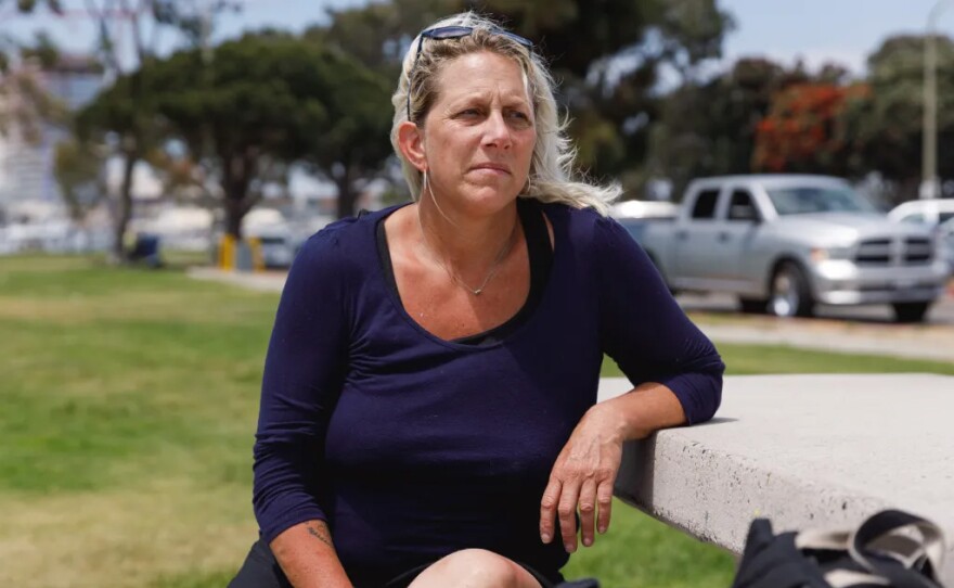 Sharon Descans at the Chula Vista Bayfront Park on June 23, 2024. Descans has been staying in shelters and a van after getting evicted from the O Lot Safe Sleeping site in San Diego’s Balboa Park.
