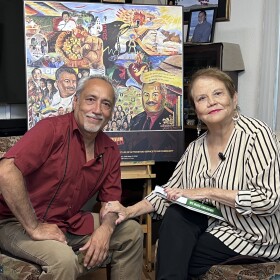 Roberto Pozos (left) and Maria Garcia (right) sit together for a recording of the "We Made San Diego" video podcast, Sept. 2025.<br/>
