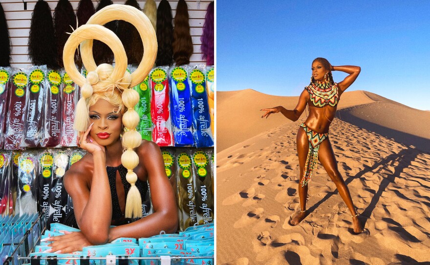 Photographer and designer Marko Monroe and the House of Avalon collective use locations to create photos that tell a story. The iPhone image of Symone in a little black dress made out of hair (left) was taken inside a Los Angeles beauty supply shop; her beaded look was photographed in the Mesquite Flat Sand Dunes of Death Valley.