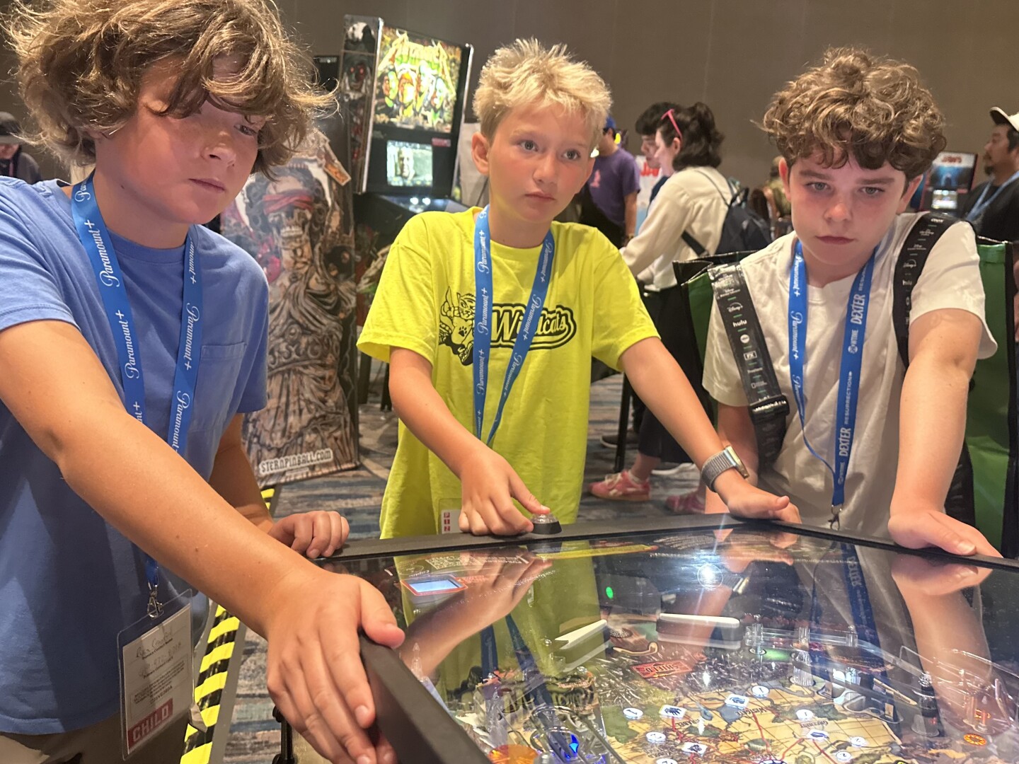 Friends from Chula Vista and Bay Ho enjoyed the pinball machines at Comic-Con (from left to right) Owen Craford, Brayden and Kooper Kehley on Sunday, July 27, 2025.<br/>