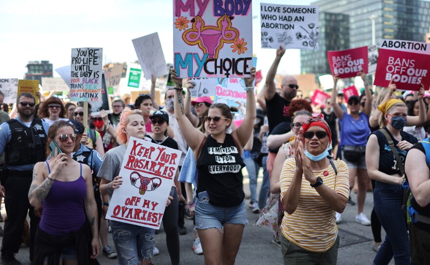 Abortion rights supporters march into downtown following a rally in Union Park on Saturday in Chicago.