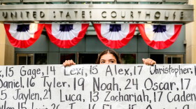 Olivia Konar holds a banner with names of young people who advocates say died as a result of social media outside the Ronald V. Dellums Federal Building and U.S. Courthouse on Tuesday, Aug. 18, 2026, in Oakland, Calif. Her sister Coco Konar died in 2022 when she was 17. Social media company Meta agreed to a nearly $17 billion settlement with a group of states over its child safety practices.
