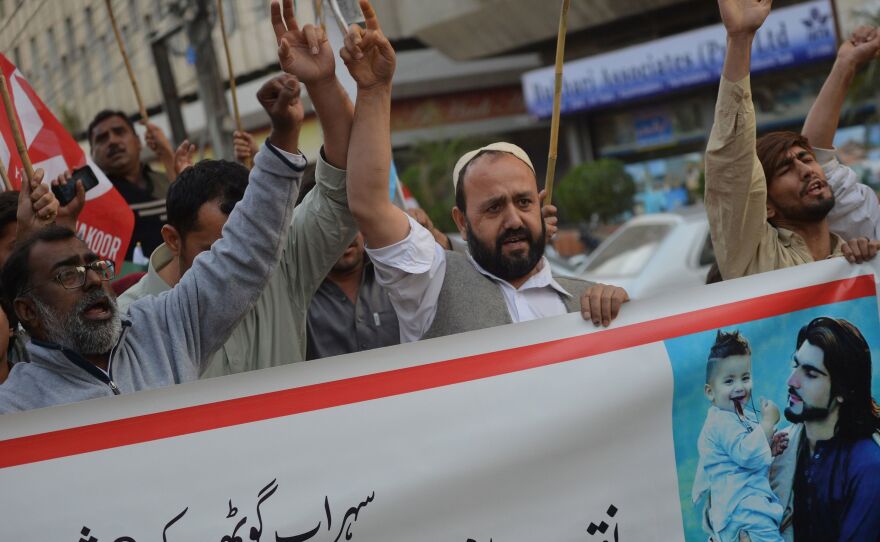 Pakistani demonstrators protest the killing of Naqeebullah Masood, 27, by police in Karachi on Jan. 20. Relatives rejected the claims of militant links and said he was an aspiring model who arrived in Karachi in 2008 in search of job and had been running a shop in the city.