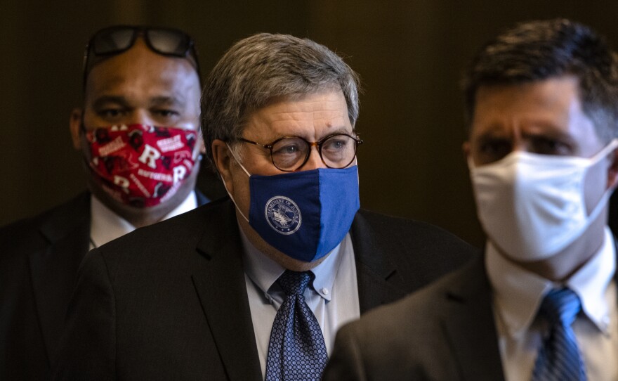 Attorney General Bill Barr leaves the U.S. Capitol after meeting with Senate Majority Leader Mitch McConnell Monday.