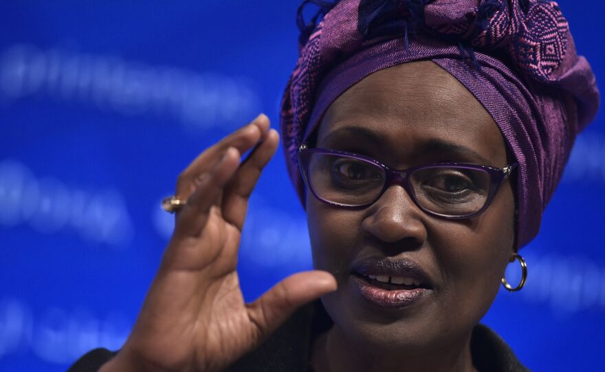 Oxfam International Executive Director Winnie Byanyima speaks at a forum at the World Bank Spring Meetings in 2016.