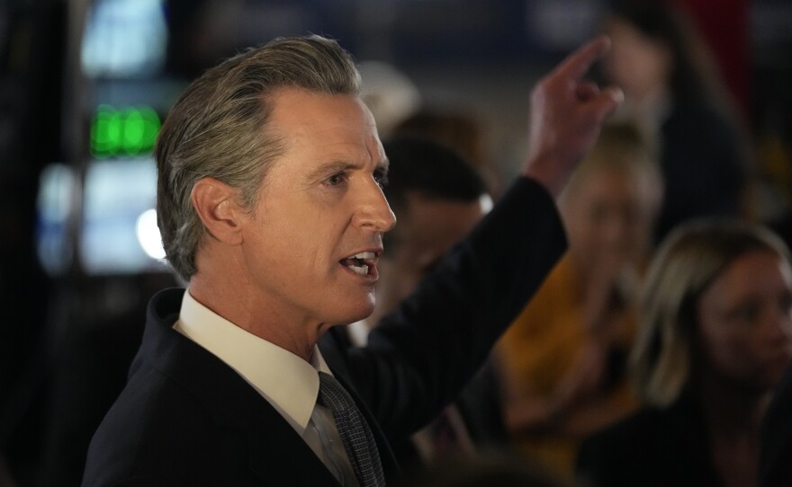 California Gov. Gavin Newsom fields questions in the spin room before a Republican presidential primary debate hosted by FOX Business Network and Univision, Wednesday, Sept. 27, 2023, at the Ronald Reagan Presidential Library in Simi Valley, Calif.