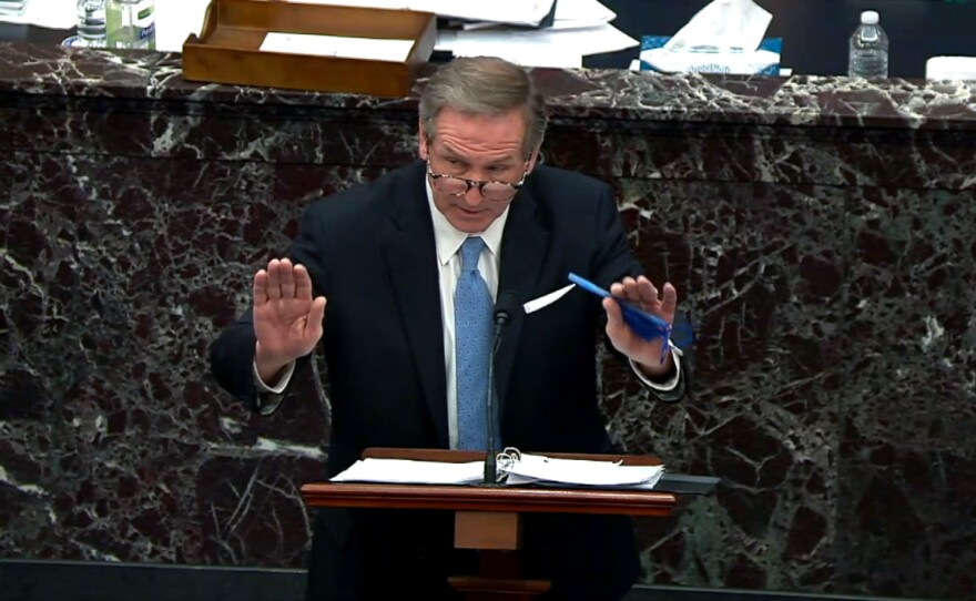 Michael van der Veen, defense lawyer for former President Donald Trump, gives closing arguments during Trump's second impeachment trial on February 13, 2021.
