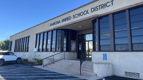 A car is parked in front of Ramona Unified School District headquarters, Nov. 19, 2025.