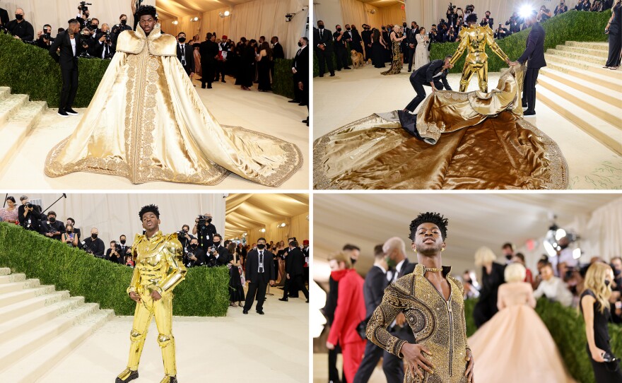 Lil Nas X dons not one, not two, but three looks, worn in layers custom-designed by Donatella Versace: a regal cape, a gold suit of armor, and a slinky bodysuit studded with crystals.
