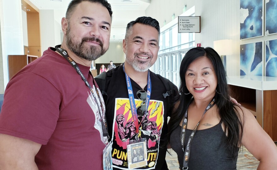 Scott Lost, Aaron Nabus and Kirin Amiling Macapugay in the photo that helped Nabus solidify his idea for FilAm Creator Con. July 2019