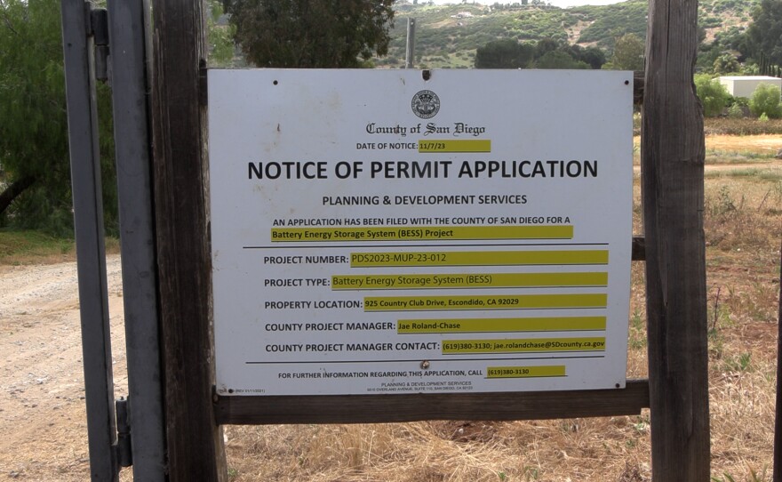 A permit application notice for a battery energy storage system on the fence of the former San Diego Equestrian Foundation, May 24, 2024.