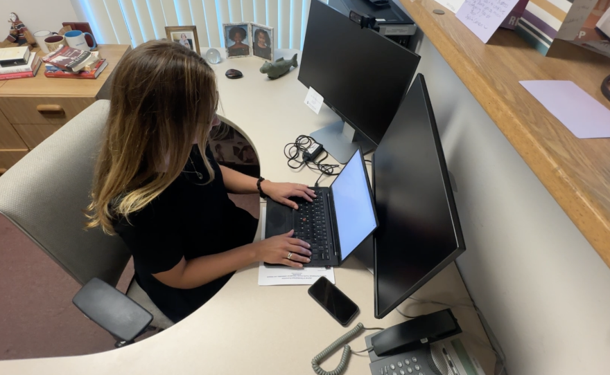 Elizabeth Lyons works on the her computer in her office at UC San Diego on Oct. 2, 2025 in San Diego, Calif.