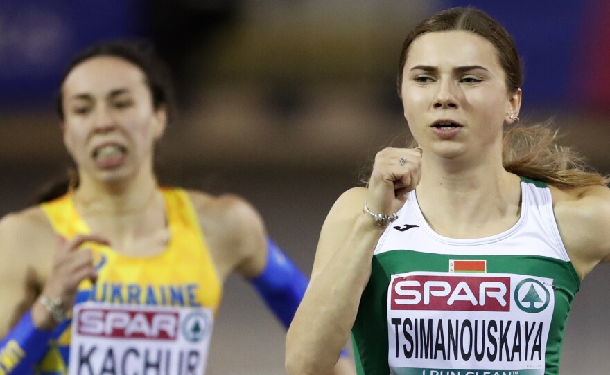 Krystsina Tsimanouskaya of Belarus competes in a heat of the women's 60 meters race at the European Athletics Indoor Championships at the Emirates Arena in Glasgow, Scotland, Saturday, March 2, 2019.