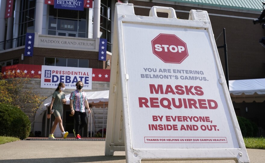 A sign reminded visitors to wear masks at Belmont University, which was supposed to host the second presidential debate last week in Nashville. Federal health officials say a new study highlights the need for masks.